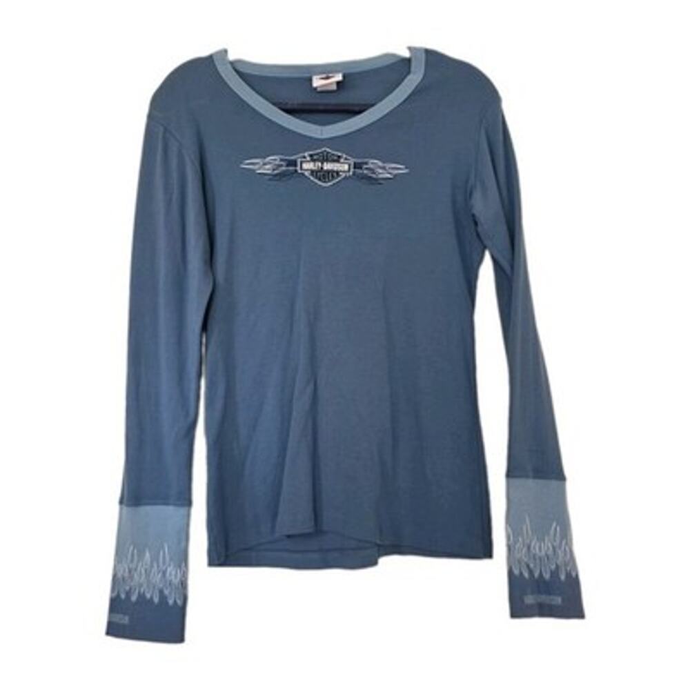 Vtg Harley Davidson Tshirt Flame Cuffs Womens XL Blue 90s Rhinestone Biker Vneck